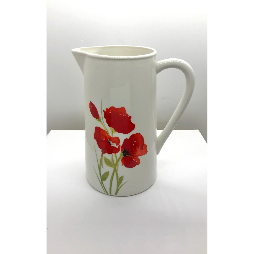 Ciroa Poppy Porcelain Pitcher White Red Floral Watercolor Flower Vase 8"